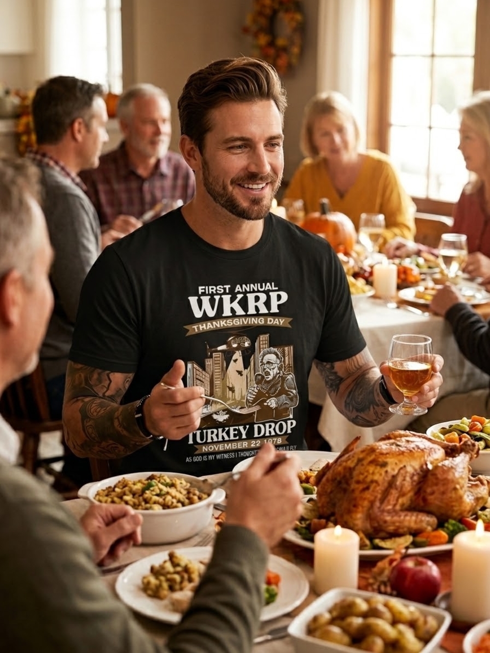 WKRP First Annual Thanksgiving Day Turkey Drop Graphic Tee